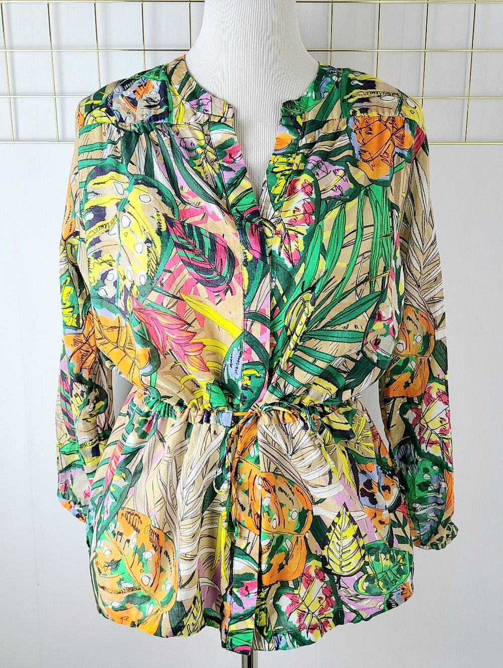 Vilagallo Tropical Palm Print Drawstring Waist Cotton Tunic Blouse Top